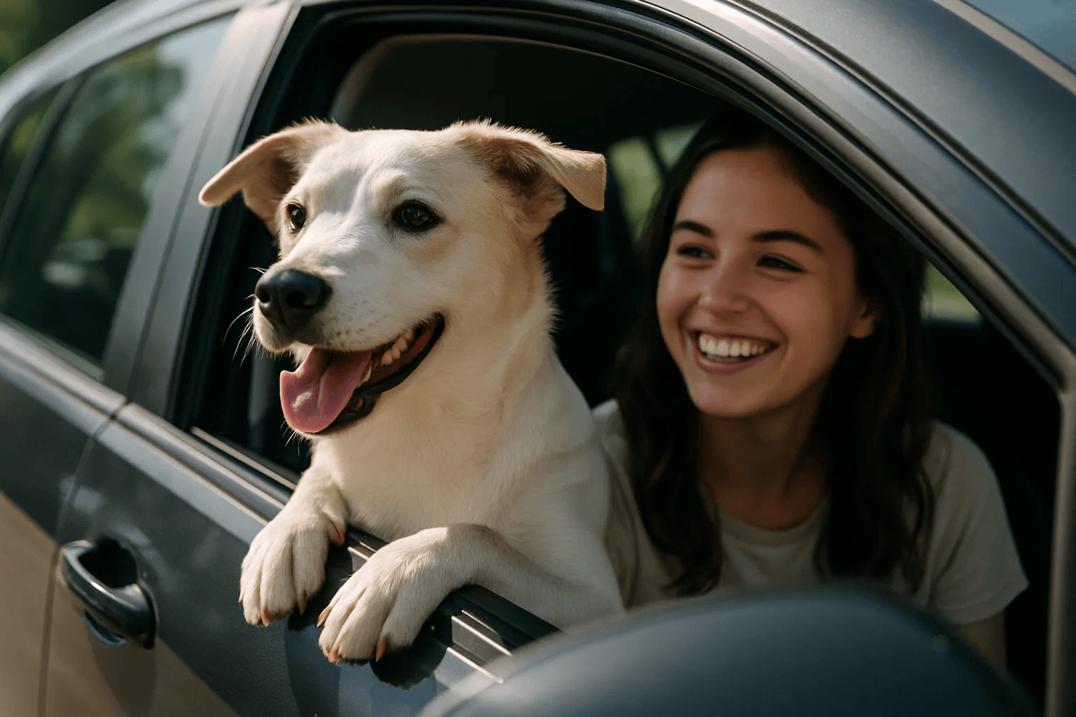 Happy driver with dog — protect the ones you love